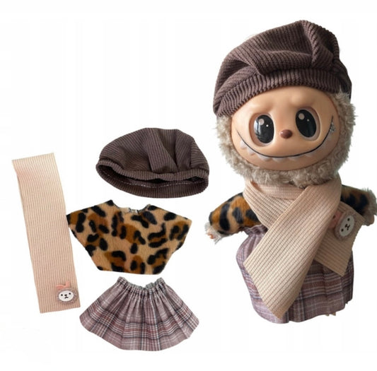 Ubranko dla Labubu 17 cm – panterka + plisowana spódnica + beret, elegancki